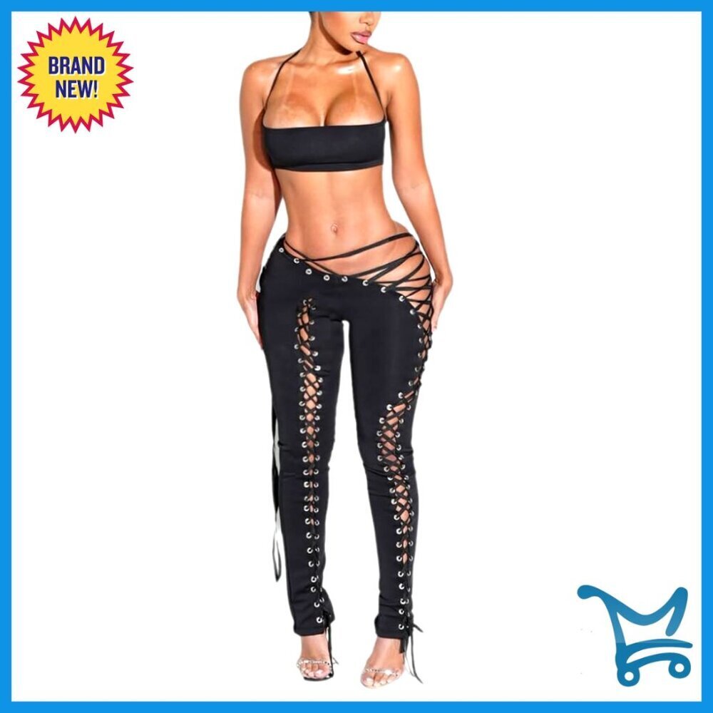 Sexy Two Piece Set Halter Tube Top High Waist Lace Up Pants Club Outfit